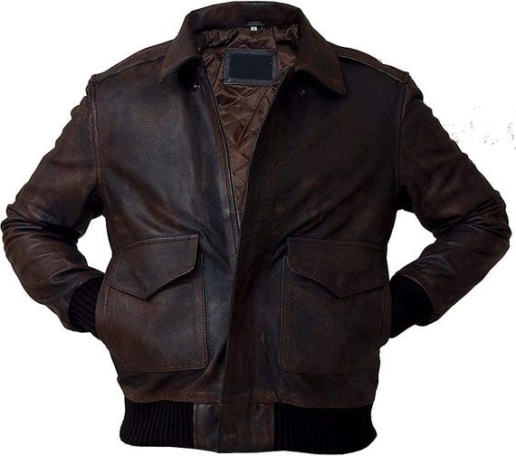 Finest Collections Craft Mens A2 Navy Flight Distressed Brown Genuine Leather Aviator Bomber Jacket 