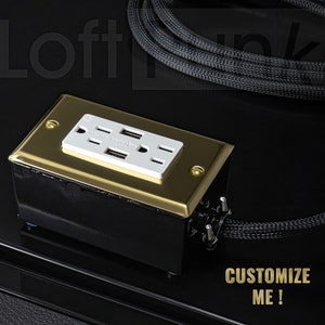 May include: A gold-colored electrical outlet with a white faceplate and two USB ports. The outlet is mounted on a black box and connected to a black braided cord. The text "CUSTOMIZE ME!" is visible below the outlet.