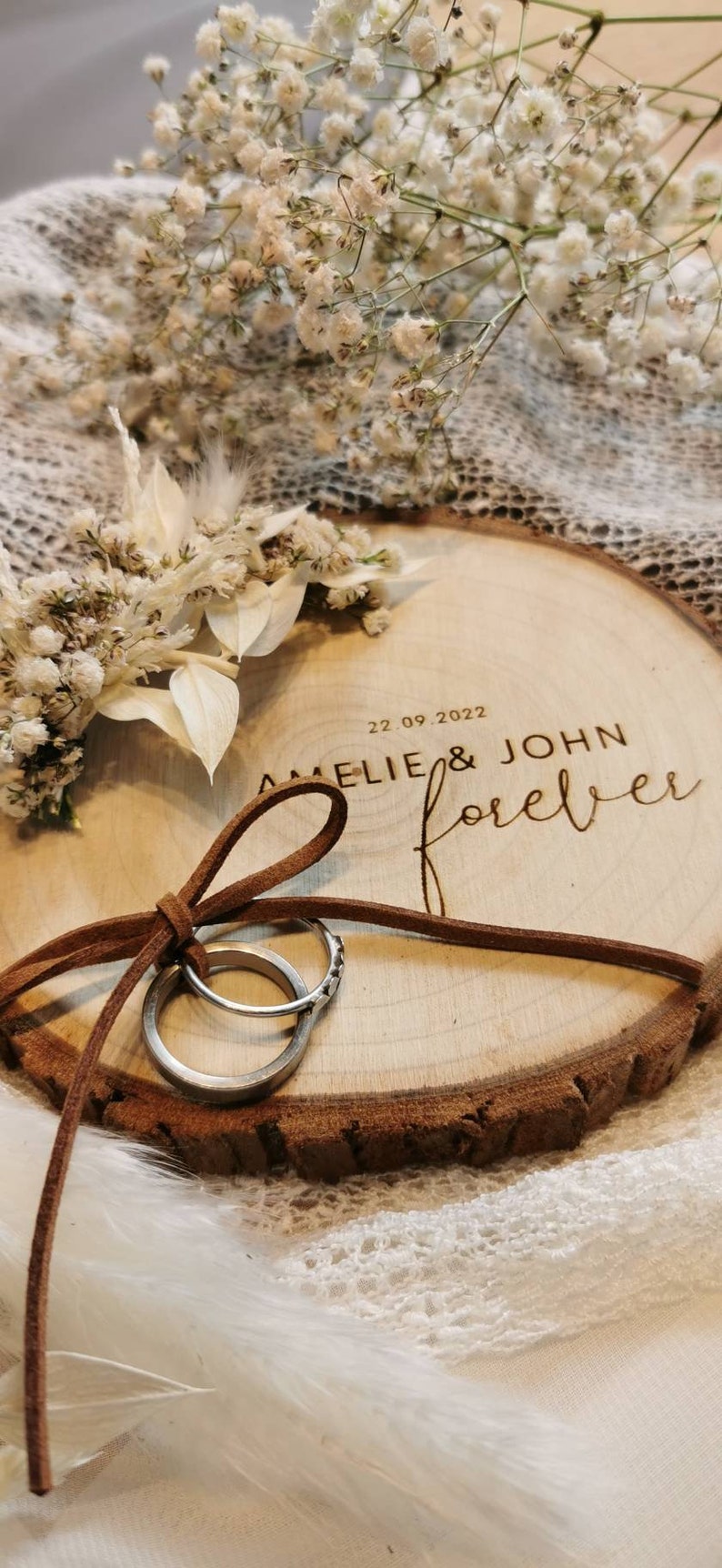 Ring cushion, wooden disc forever II, vintage Ruscus, wedding rings, ring board, branch disc, personalization, laser engraving, approx. 13-14 cm image 4