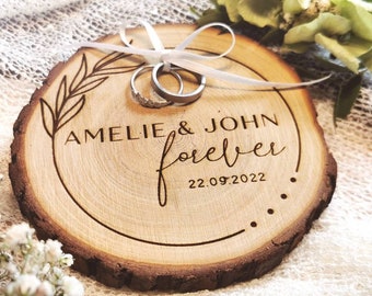 Ring cushion, wooden disc "circle, leaves", wedding rings, ring board, branch disc, ring holder, personalization, white laser engraving, approx. 10 cm