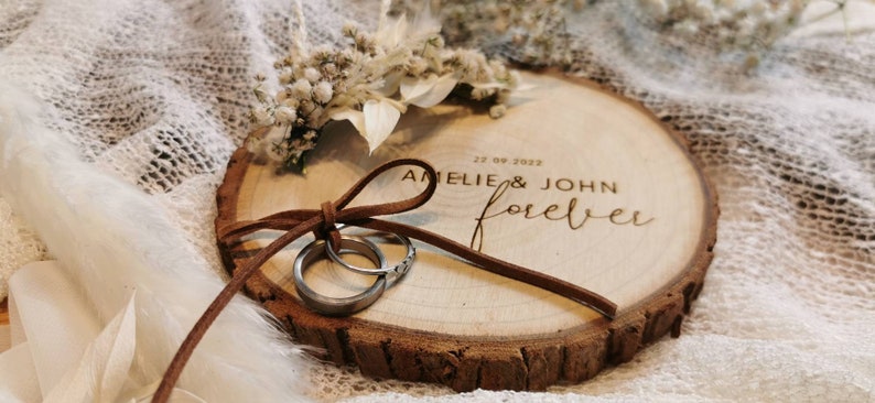 Ring cushion, wooden disc forever II, vintage Ruscus, wedding rings, ring board, branch disc, personalization, laser engraving, approx. 13-14 cm image 3