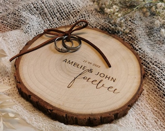 Ring cushion, wooden disc "forever II", wedding rings, ring board, branch disc, ring holder, personalization, laser engraving, approx. 13-14 cm