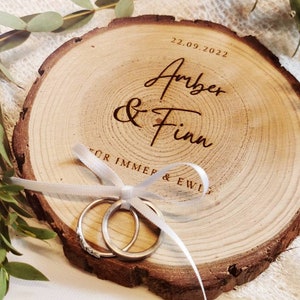 Ring cushion, wooden disc "forever and ever II", wedding rings, ring board, branch disc, ring holder, personalization, white laser engraving, approx. 10 cm
