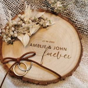 Ring cushion, wooden disc "forever II, vintage Ruscus", wedding rings, ring board, branch disc, personalization, laser engraving, approx. 13-14 cm