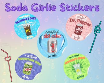 Soda Girlie Stickers - Dr. Pepper, Mountain Dew, Coke, Sprite, Diet Coke - 3x3 in Circle Stickers for Water Bottle, Laptop, etc.