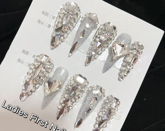 Stunning Swarovski Bling nails,Crystal Detailed Diamonds Press on nails,Custom Color&Shape,Acrylic Glitter Rhinestone Nails,Luxury Stiletto