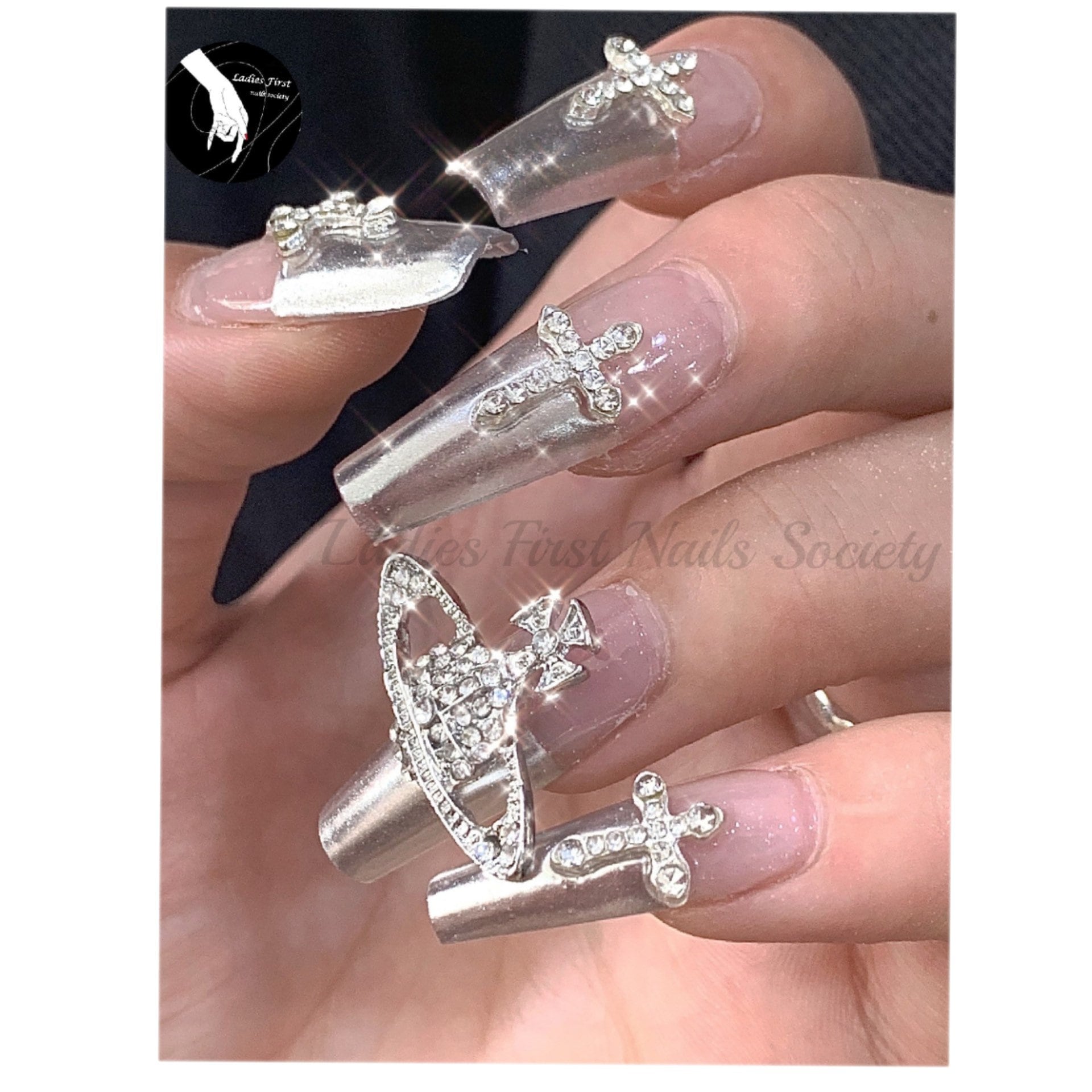 Crystal Silver Crucifix Fake Nailsbig Charm Press on 