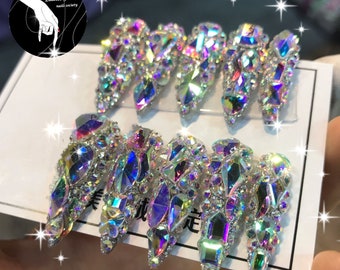 Stunning Swarovski Bling nails,Crystal Detailed Diamonds Press on nails,Custom Color&Shape,Acrylic Glitter Rhinestone Nails,Luxury Stiletto