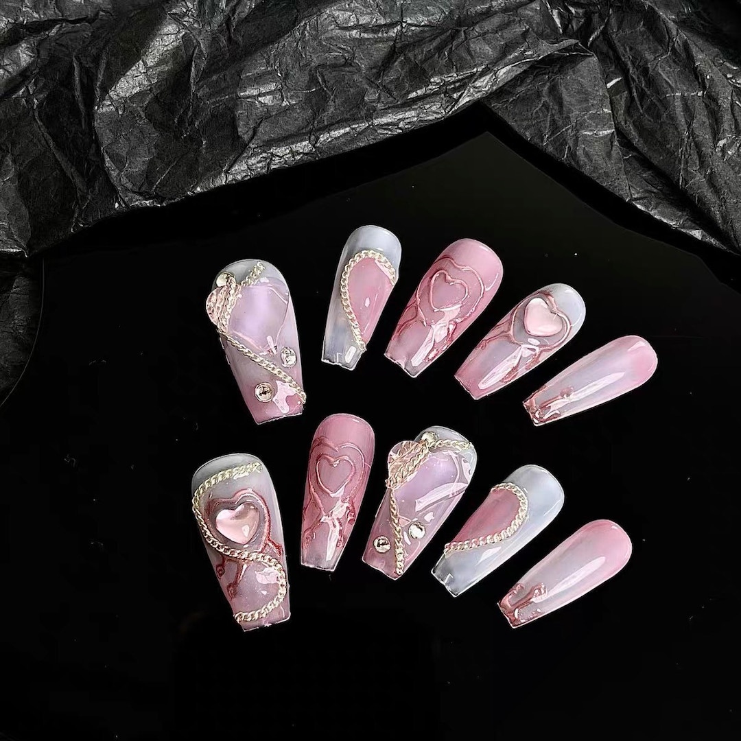 Pink Loveheart Press on Nails,cute Gel Nails,pink and White Fake Nails,false Nails,reusable