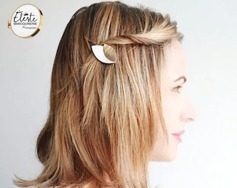 Barrette cheveux cuir doré blanc, bijoux personnalisés, mariage