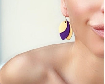 Gold and purple leather earrings, custom wedding jewelry