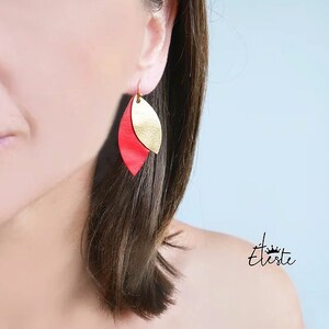 Red and gold leather earrings, original women&#39;s jewelry