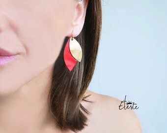 Red and gold leather earrings, original women's jewelry