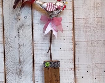 Fabric Chicken Ornament, Floral Textile Folk Art, Reclaimed Wood Base