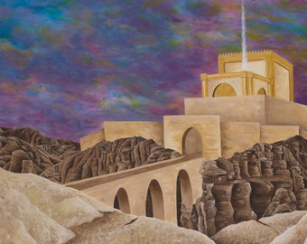 Puede incluir: Una pintura que representa un templo dorado en la cima de una montaña con un puente que conduce a él. El cielo es de un morado y azul vibrantes con una columna de humo blanco que se eleva desde el templo.