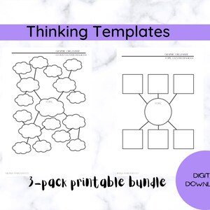 May include: A printable 3-pack bundle of thinking templates. The templates are graphic organisers with cloud and box shapes for brainstorming and note-taking. The text "Thinking Templates" is at the top of the image. The text "3-pack printable bundle" is at the bottom of the image.