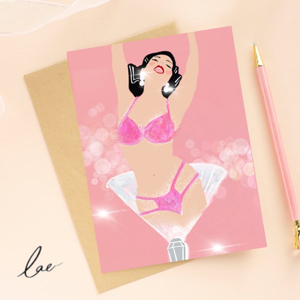 BURLESQUE BABE Greetings Card -  Martini Illustration, Dita von teese, Feminist, Friendship Illustration Note Sending Pen pal, showgirl