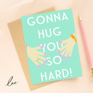 HUG YOU HARD Grußkarte - Hands Illustration, Freundschaft, Notiz senden, Brieffreunde, vermisse dich! Umarmung in einer Karte.