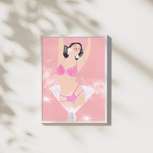 May include: A pink and white illustration of a woman in lingerie standing in a martini glass. The background is pink with white sparkles.