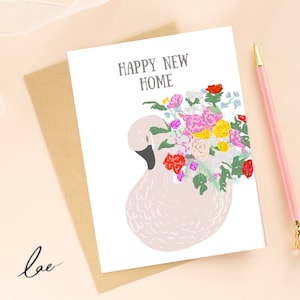VINTAGE SWAN Grußkarte - retro, Cottage core, glückliches neues Zuhause, florals, Vase, Einweihungsgeschenk, Kitsch Illustration handgezeichnet