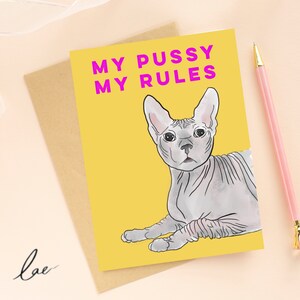 MY PUSSY RULES Grußkarte - Katze, Kätzchen, Illustration, feministische Nachricht, Freundschafts-Illustrations-Anmerkung, die Brieffreund sendet.