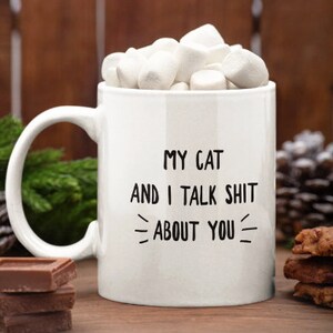 My Cat and I Talk Shit About You Funny Cat Lover Coffee Mug, Sarcastic Cat Gift for Him Her, Christmas Gift for Cat Fans, Funny Cat Present image 1