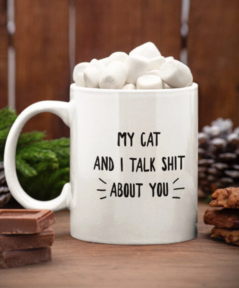 My Cat and I Talk Shit About You Funny Cat Lover Coffee Mug, Sarcastic Cat Gift for Him Her, Christmas Gift for Cat Fans, Funny Cat Present image 1