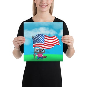 Cartoon kat met Amerikaanse vlag canvasfoto, kat verjaardagscadeau voor kattenliefhebbers, kat cadeau kinderen VS cadeau, kerstcadeau voor kinderen en patriotten
