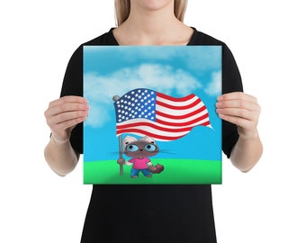 Cartoon Cat Waving American Flag Canvas Picture on Stretcher, Cat Birthday Gift for Cat Lovers, Cat gift kids, adults, Patriotic USA gift