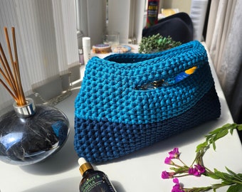 Handmade Monochromatic Blue Crochet Handbag | Tunisian Stitch Purse