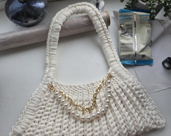 Handmade Crochet Shoulder Bag | Pearl Chain Detail