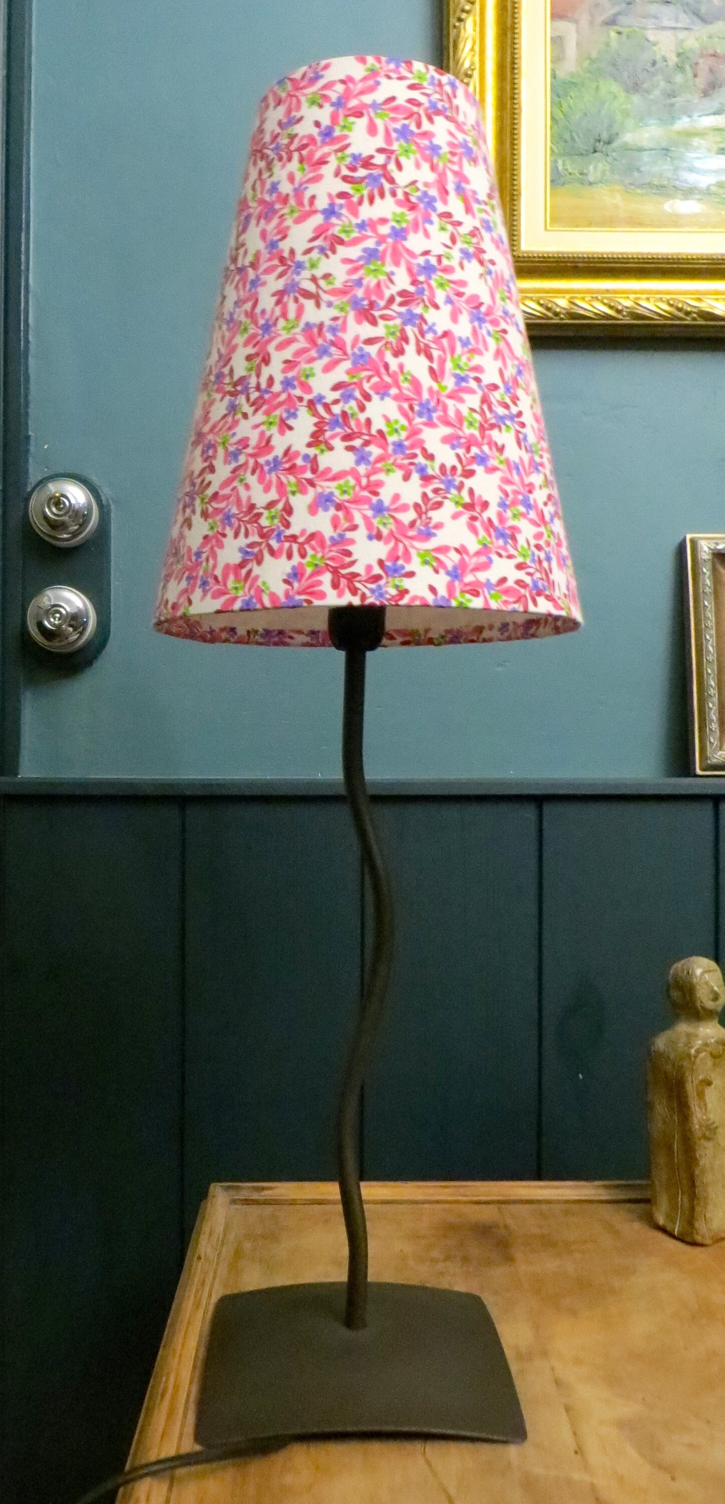 Lampe Pied Fer, Abat-Jour Tissu Fleuri, Style Vintage