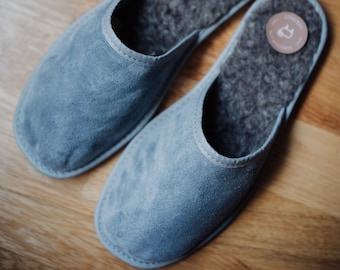 Men's leather slippers, grey suede, wool lining.