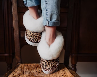 Luxury LEOPARD woollen, Natural high quality leather, SHEEPSKIN SLIPPERS - Animal pattern collection, gift for her