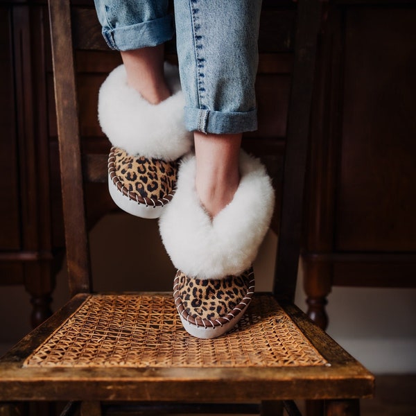 Luxury LEOPARD woollen, Natural high quality leather, SHEEPSKIN SLIPPERS - Animal pattern collection, gift for her