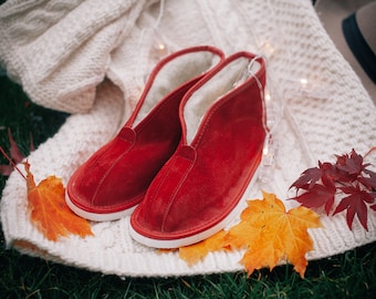 Women's leather boots UK 3 , women slippers, wool lining, warm winter slippers, red slippers