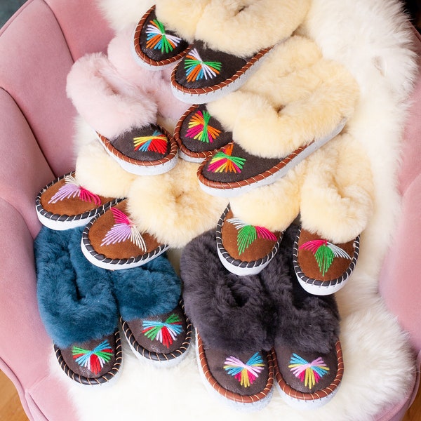 Sheepskin moccasins, slippers LUCKY DIP women's Sheepskin slippers embroidered