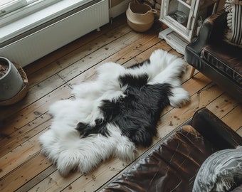 Large Sheepskin rug, sheepskin throw,  Black and white, Cozy Home Decor