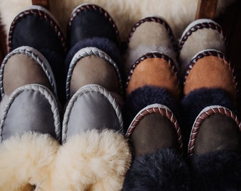 LUCKY DIP women's full sheepskin slippers, Traditional woollen moccasins with fur.
