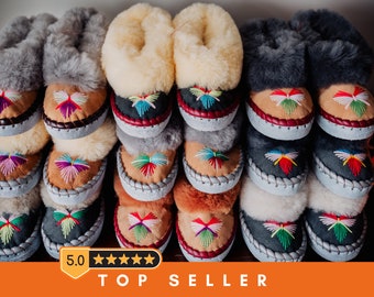 LUCKY DIP sheepskin slippers, Traditional woollen moccasins with fur