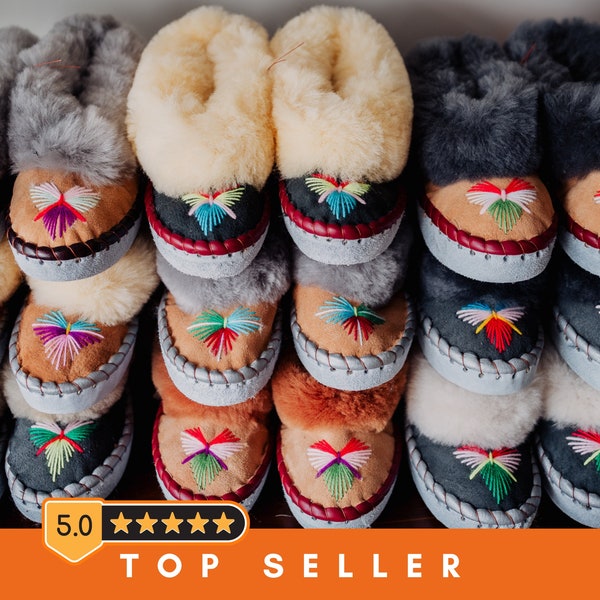 LUCKY DIP sheepskin slippers, Traditional woollen moccasins with fur