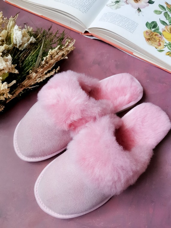 Sheepskin Slippers Leather in Pink Genuine Fur. Etsy Canada