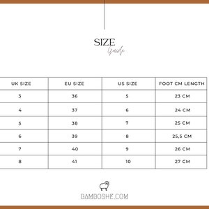 May include: Size chart for shoes, showing UK, EU, US sizes and corresponding foot length in centimeters. The chart includes sizes 3-8 UK, 36-41 EU, 5-10 US, and 23-27 cm foot length.