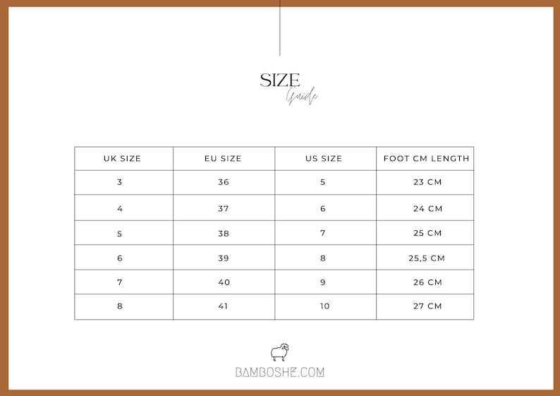 May include: Size chart for shoes, showing UK, EU, US sizes and corresponding foot length in centimeters. The chart includes sizes 3-8 UK, 36-41 EU, 5-10 US, and 23-27 cm foot length.