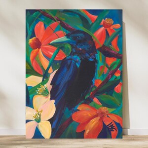 Raven Art Print With Orange Flowers Gothic Wall Decor Moody Bird Artwork For Nature Lovers Maximalist Gallery Fall Home Statement Piece