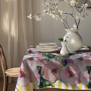 Pink Floral Tablecloth Art Print Wedding Decor Bold Peony Design Square Long Sizes Dining Room Flower Garden Party Maximalist Entertaining