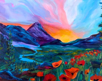 Colorful Mountain Wall Art Print, Poppy Field Landscape, Vibrant Sunset Painting, Maximalist Nature Art, Dopamine Decor, Living Room Artwork