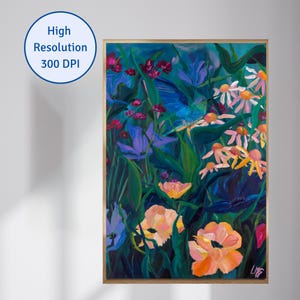 Blue Hummingbird Digital Print Whimsical Art Print Tropical Bird Wall Art Vibrant Nature Art Maximalist Downloadable Hummingbird Floral Art