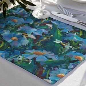 Blue Floral Cotton Placemats Set Of 4 Hand Painted Botanical Table Decor Spring Summer Dining Mats Cottagecore Garden Table Setting Linens