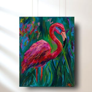 Flamingo Painting on Canvas Maximalist Wall Art Original Colorful Bird Artwork for Living Room Home Office Decor Tropical Beach Wall Art